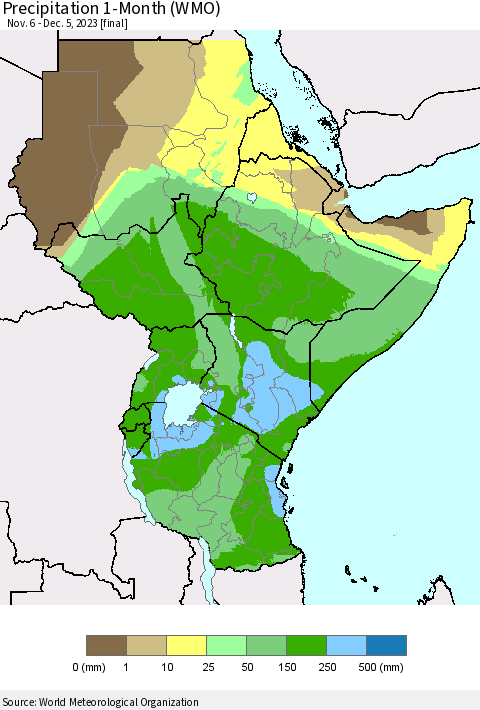 Eastern Africa Precipitation 1-Month (WMO) Thematic Map For 11/6/2023 - 12/5/2023