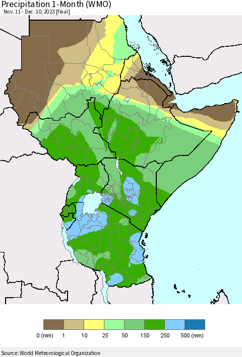 Eastern Africa Precipitation 1-Month (WMO) Thematic Map For 11/11/2023 - 12/10/2023