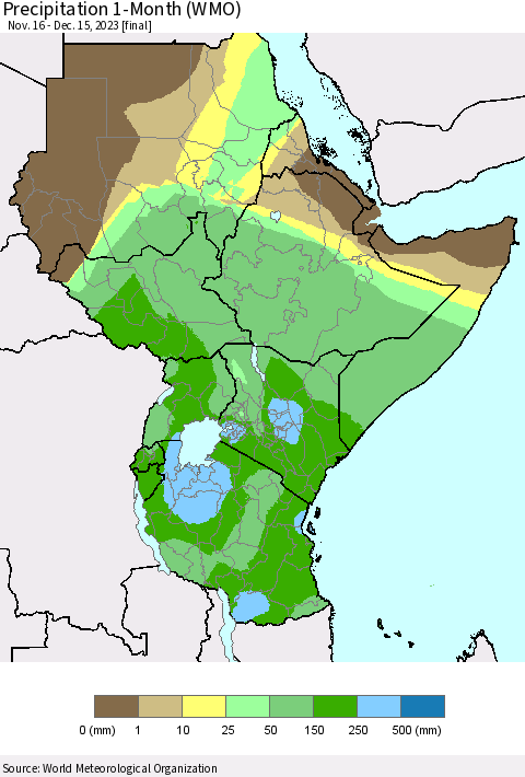 Eastern Africa Precipitation 1-Month (WMO) Thematic Map For 11/16/2023 - 12/15/2023
