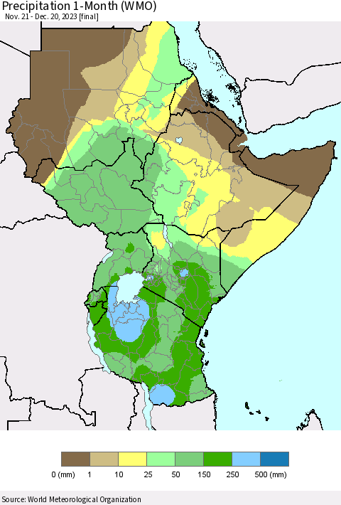 Eastern Africa Precipitation 1-Month (WMO) Thematic Map For 11/21/2023 - 12/20/2023