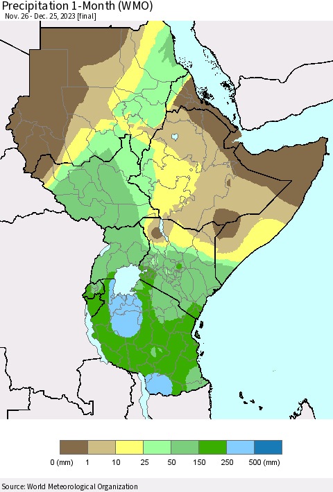 Eastern Africa Precipitation 1-Month (WMO) Thematic Map For 11/26/2023 - 12/25/2023