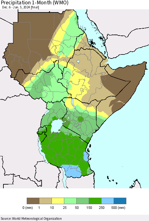 Eastern Africa Precipitation 1-Month (WMO) Thematic Map For 12/6/2023 - 1/5/2024
