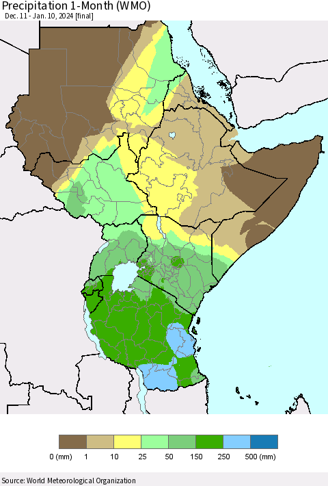 Eastern Africa Precipitation 1-Month (WMO) Thematic Map For 12/11/2023 - 1/10/2024
