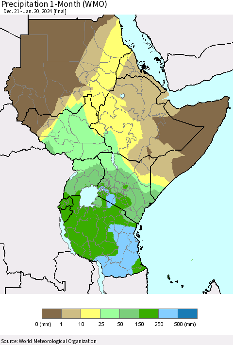 Eastern Africa Precipitation 1-Month (WMO) Thematic Map For 12/21/2023 - 1/20/2024