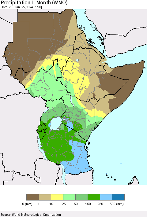 Eastern Africa Precipitation 1-Month (WMO) Thematic Map For 12/26/2023 - 1/25/2024