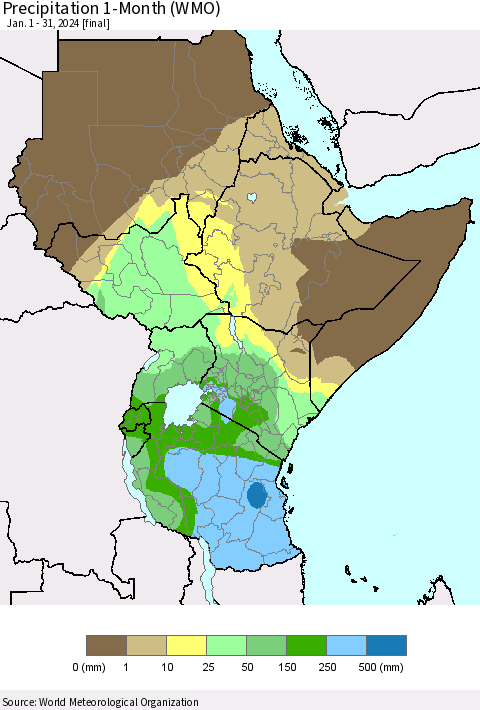 Eastern Africa Precipitation 1-Month (WMO) Thematic Map For 1/1/2024 - 1/31/2024