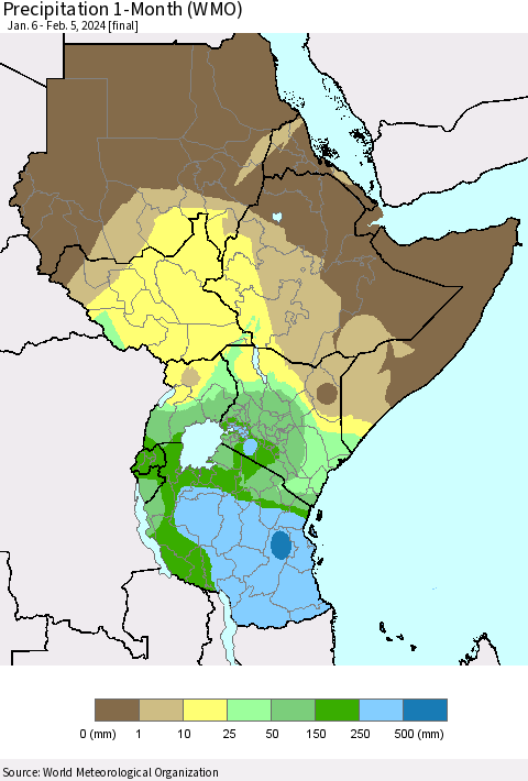 Eastern Africa Precipitation 1-Month (WMO) Thematic Map For 1/6/2024 - 2/5/2024