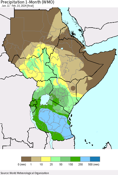 Eastern Africa Precipitation 1-Month (WMO) Thematic Map For 1/11/2024 - 2/10/2024
