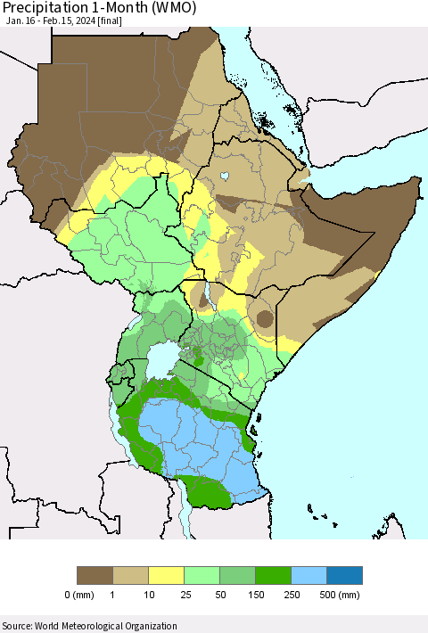 Eastern Africa Precipitation 1-Month (WMO) Thematic Map For 1/16/2024 - 2/15/2024