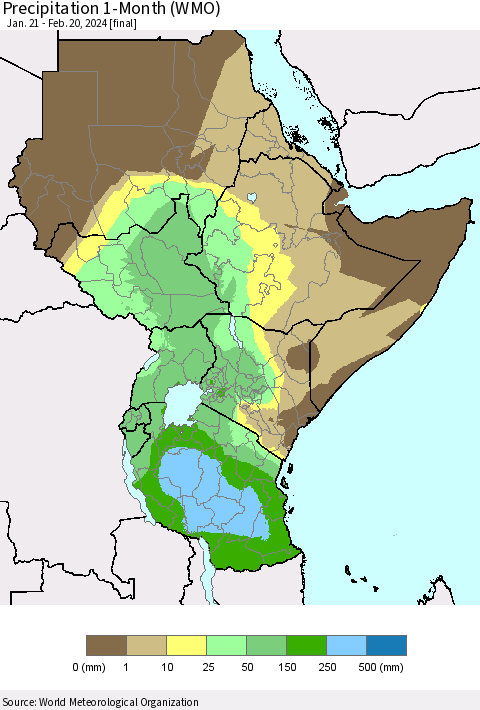 Eastern Africa Precipitation 1-Month (WMO) Thematic Map For 1/21/2024 - 2/20/2024