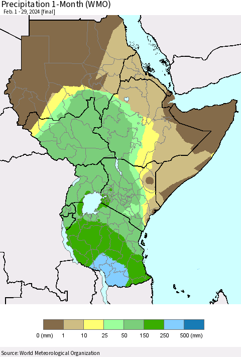 Eastern Africa Precipitation 1-Month (WMO) Thematic Map For 2/1/2024 - 2/29/2024