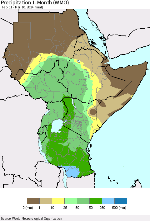 Eastern Africa Precipitation 1-Month (WMO) Thematic Map For 2/11/2024 - 3/10/2024