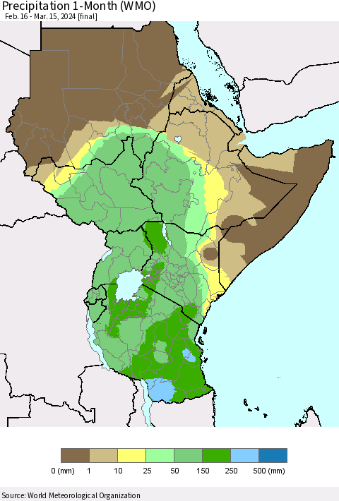 Eastern Africa Precipitation 1-Month (WMO) Thematic Map For 2/16/2024 - 3/15/2024
