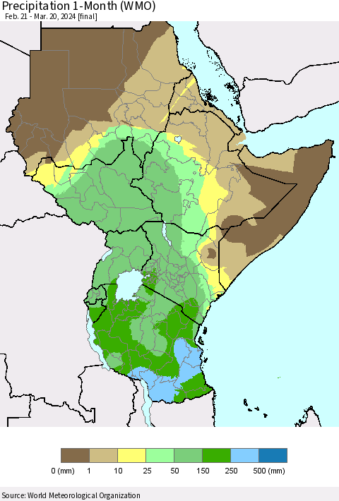 Eastern Africa Precipitation 1-Month (WMO) Thematic Map For 2/21/2024 - 3/20/2024