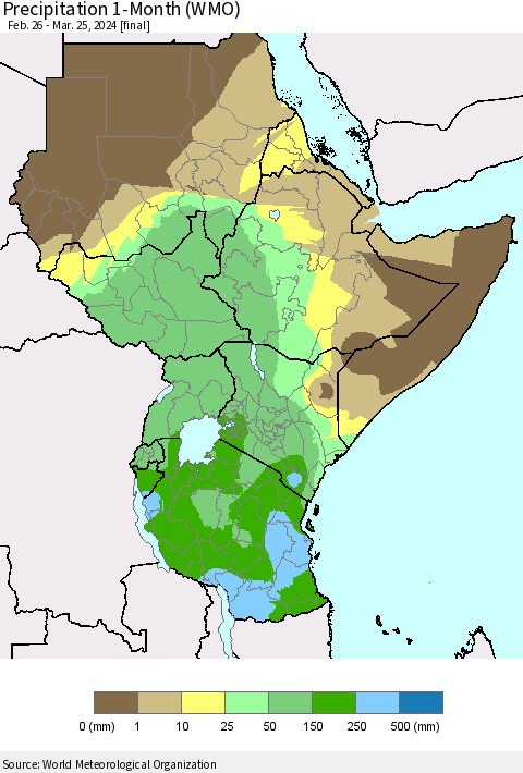Eastern Africa Precipitation 1-Month (WMO) Thematic Map For 2/26/2024 - 3/25/2024