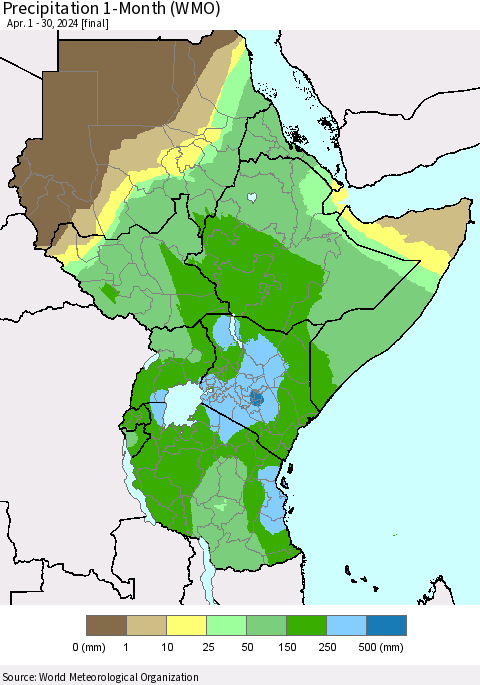 Eastern Africa Precipitation 1-Month (WMO) Thematic Map For 4/1/2024 - 4/30/2024