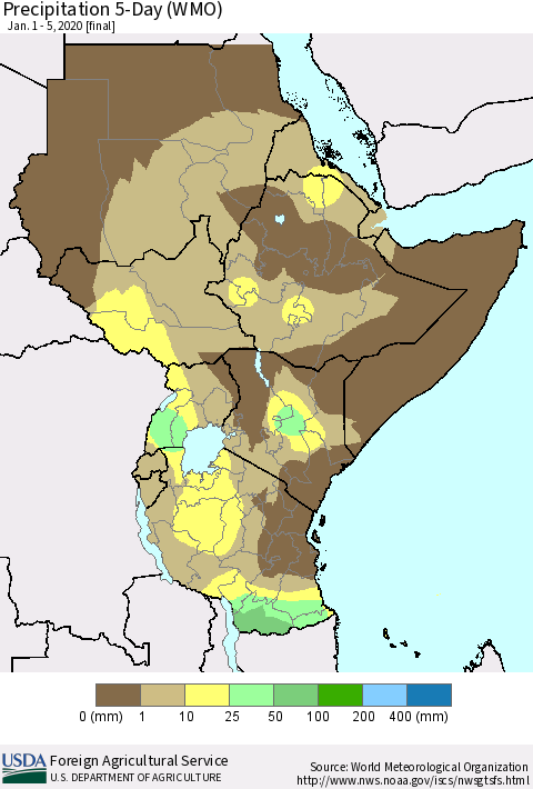 Eastern Africa Precipitation 5-Day (WMO) Thematic Map For 1/1/2020 - 1/5/2020