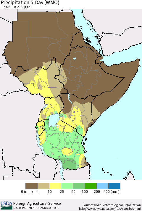 Eastern Africa Precipitation 5-Day (WMO) Thematic Map For 1/6/2020 - 1/10/2020
