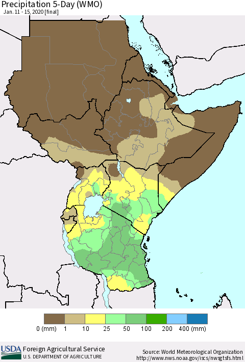 Eastern Africa Precipitation 5-Day (WMO) Thematic Map For 1/11/2020 - 1/15/2020