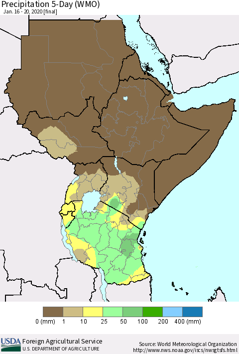 Eastern Africa Precipitation 5-Day (WMO) Thematic Map For 1/16/2020 - 1/20/2020