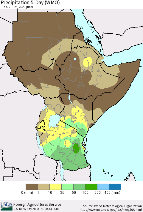 Eastern Africa Precipitation 5-Day (WMO) Thematic Map For 1/21/2020 - 1/25/2020
