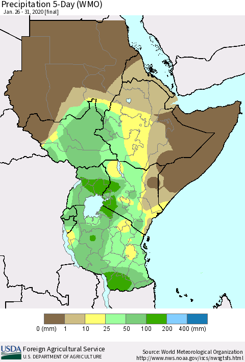 Eastern Africa Precipitation 5-Day (WMO) Thematic Map For 1/26/2020 - 1/31/2020