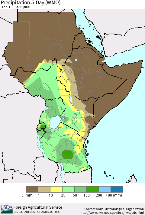 Eastern Africa Precipitation 5-Day (WMO) Thematic Map For 2/1/2020 - 2/5/2020