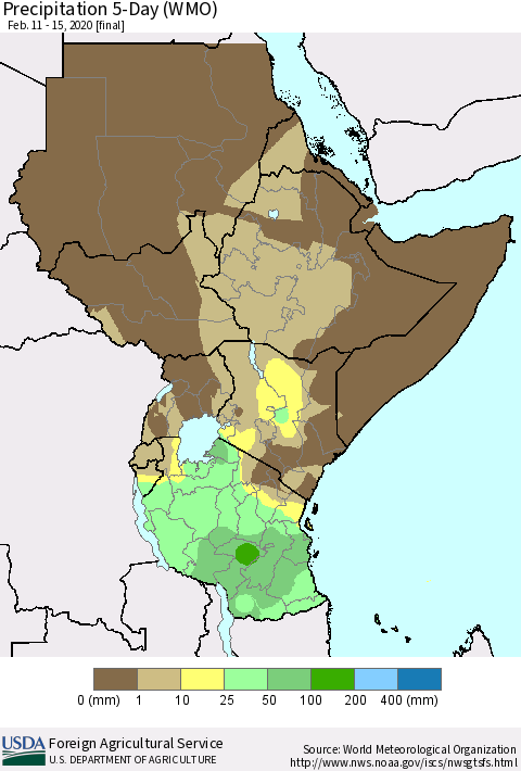 Eastern Africa Precipitation 5-Day (WMO) Thematic Map For 2/11/2020 - 2/15/2020