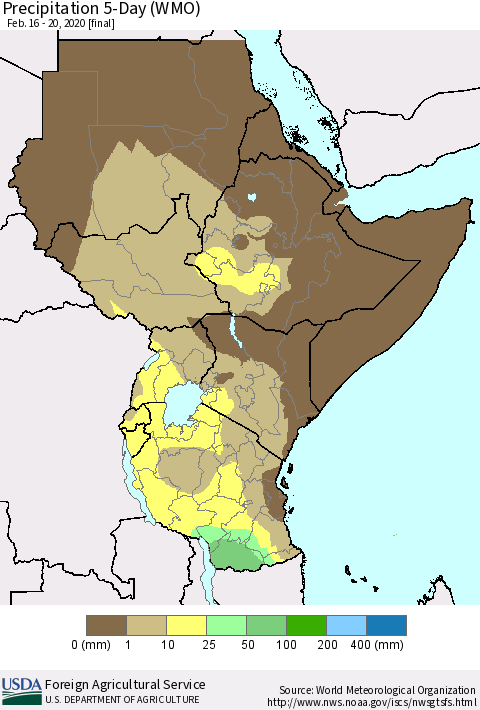 Eastern Africa Precipitation 5-Day (WMO) Thematic Map For 2/16/2020 - 2/20/2020