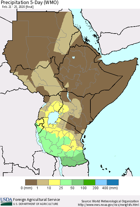 Eastern Africa Precipitation 5-Day (WMO) Thematic Map For 2/21/2020 - 2/25/2020