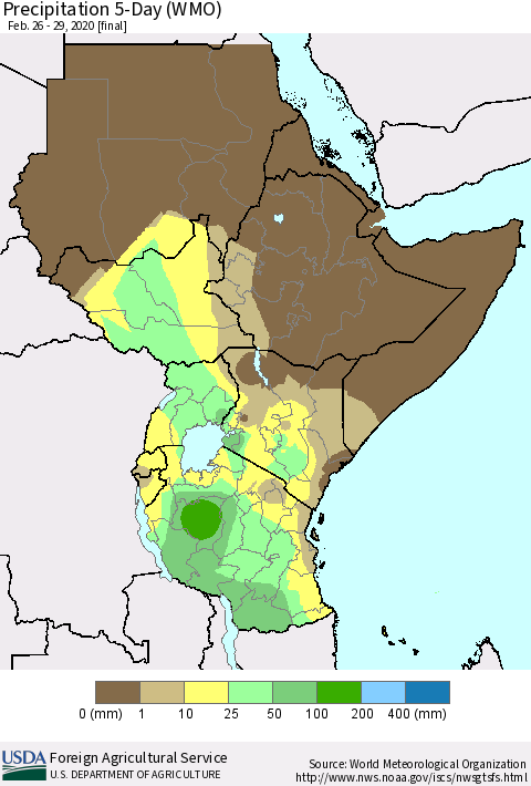 Eastern Africa Precipitation 5-Day (WMO) Thematic Map For 2/26/2020 - 2/29/2020