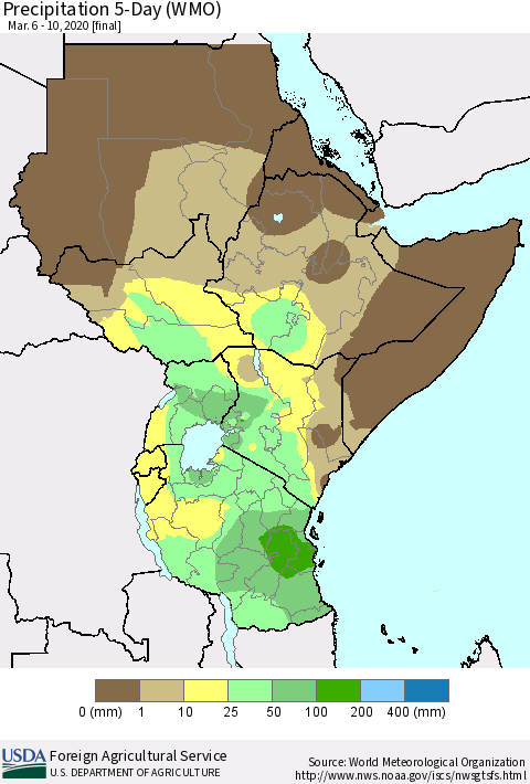 Eastern Africa Precipitation 5-Day (WMO) Thematic Map For 3/6/2020 - 3/10/2020
