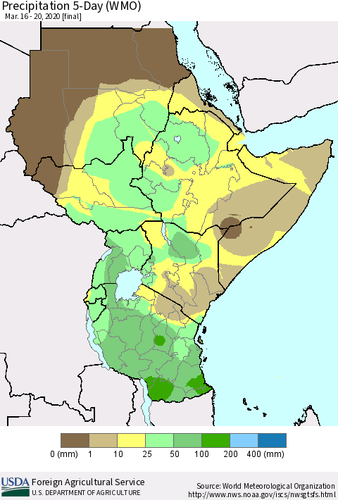 Eastern Africa Precipitation 5-Day (WMO) Thematic Map For 3/16/2020 - 3/20/2020