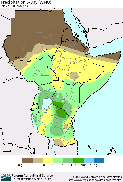 Eastern Africa Precipitation 5-Day (WMO) Thematic Map For 3/26/2020 - 3/31/2020
