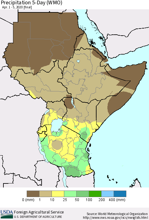 Eastern Africa Precipitation 5-Day (WMO) Thematic Map For 4/1/2020 - 4/5/2020