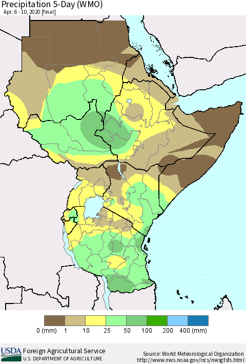 Eastern Africa Precipitation 5-Day (WMO) Thematic Map For 4/6/2020 - 4/10/2020