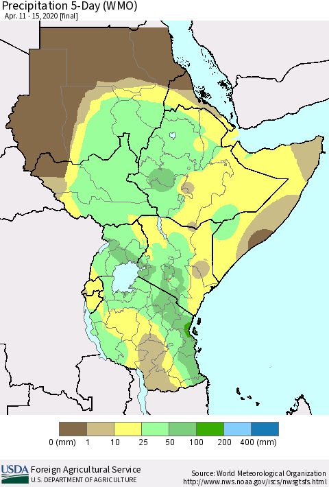 Eastern Africa Precipitation 5-Day (WMO) Thematic Map For 4/11/2020 - 4/15/2020