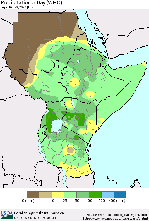 Eastern Africa Precipitation 5-Day (WMO) Thematic Map For 4/16/2020 - 4/20/2020