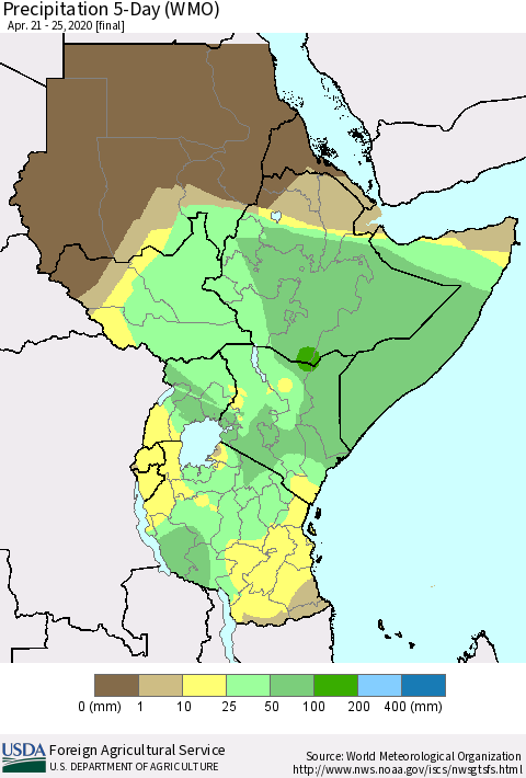 Eastern Africa Precipitation 5-Day (WMO) Thematic Map For 4/21/2020 - 4/25/2020