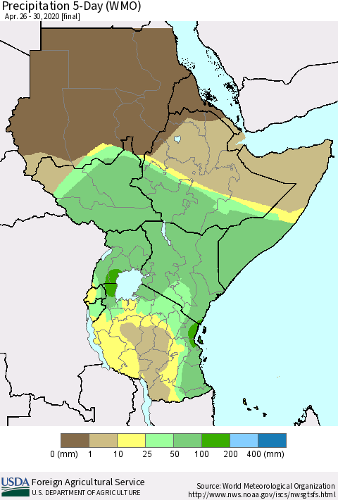 Eastern Africa Precipitation 5-Day (WMO) Thematic Map For 4/26/2020 - 4/30/2020