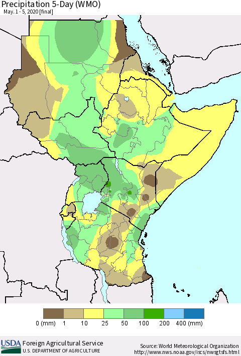 Eastern Africa Precipitation 5-Day (WMO) Thematic Map For 5/1/2020 - 5/5/2020