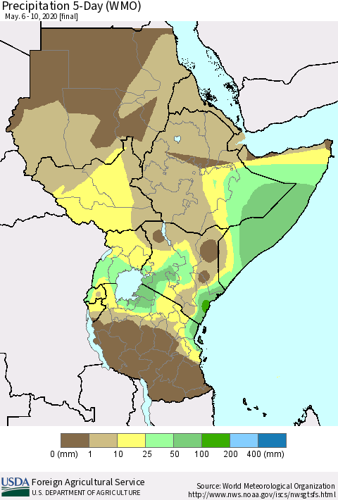 Eastern Africa Precipitation 5-Day (WMO) Thematic Map For 5/6/2020 - 5/10/2020