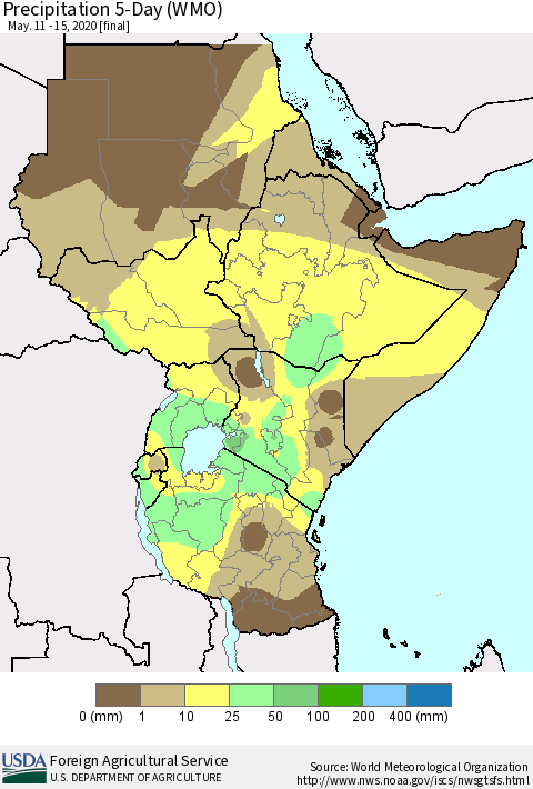 Eastern Africa Precipitation 5-Day (WMO) Thematic Map For 5/11/2020 - 5/15/2020
