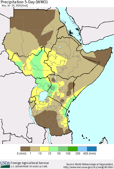 Eastern Africa Precipitation 5-Day (WMO) Thematic Map For 5/16/2020 - 5/20/2020