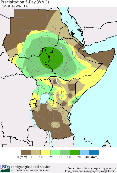 Eastern Africa Precipitation 5-Day (WMO) Thematic Map For 5/26/2020 - 5/31/2020