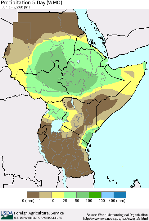 Eastern Africa Precipitation 5-Day (WMO) Thematic Map For 6/1/2020 - 6/5/2020