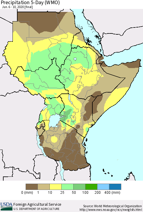 Eastern Africa Precipitation 5-Day (WMO) Thematic Map For 6/6/2020 - 6/10/2020
