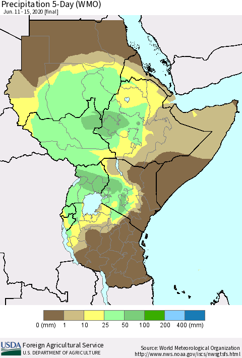 Eastern Africa Precipitation 5-Day (WMO) Thematic Map For 6/11/2020 - 6/15/2020