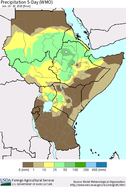 Eastern Africa Precipitation 5-Day (WMO) Thematic Map For 6/16/2020 - 6/20/2020