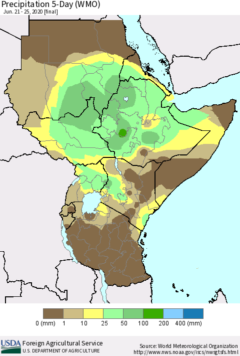 Eastern Africa Precipitation 5-Day (WMO) Thematic Map For 6/21/2020 - 6/25/2020